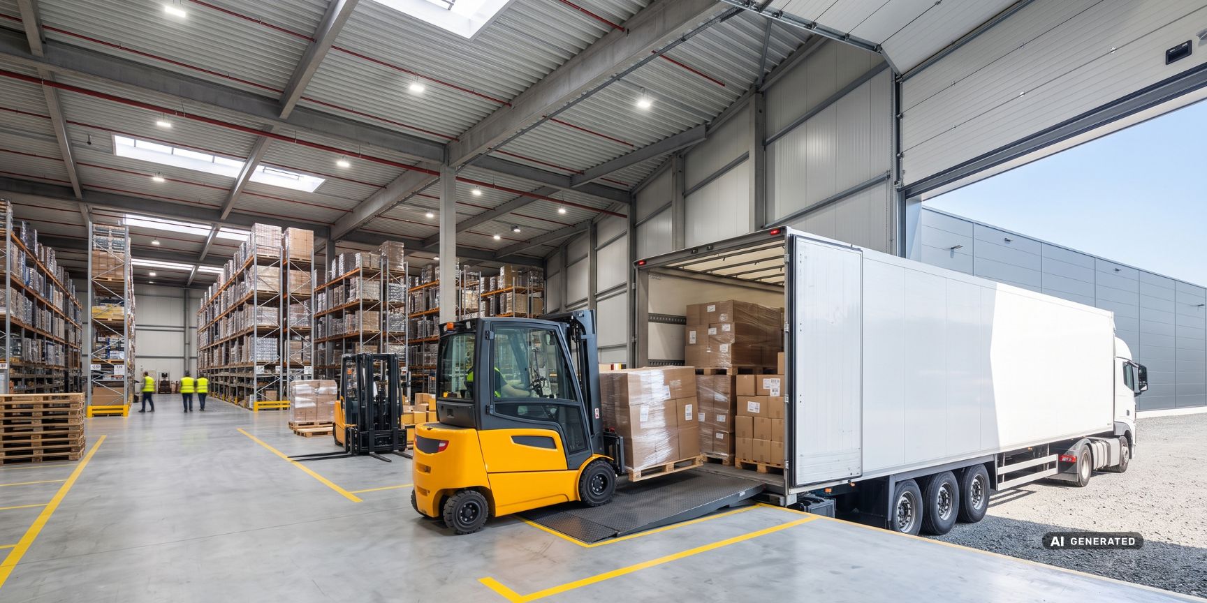 Innenansicht einer Logistikhalle: Ein Elektrostapler belädt einen außen an der Rampe angedockten Lkw. Effizienter Warenausgang an der offenen Ladebucht.